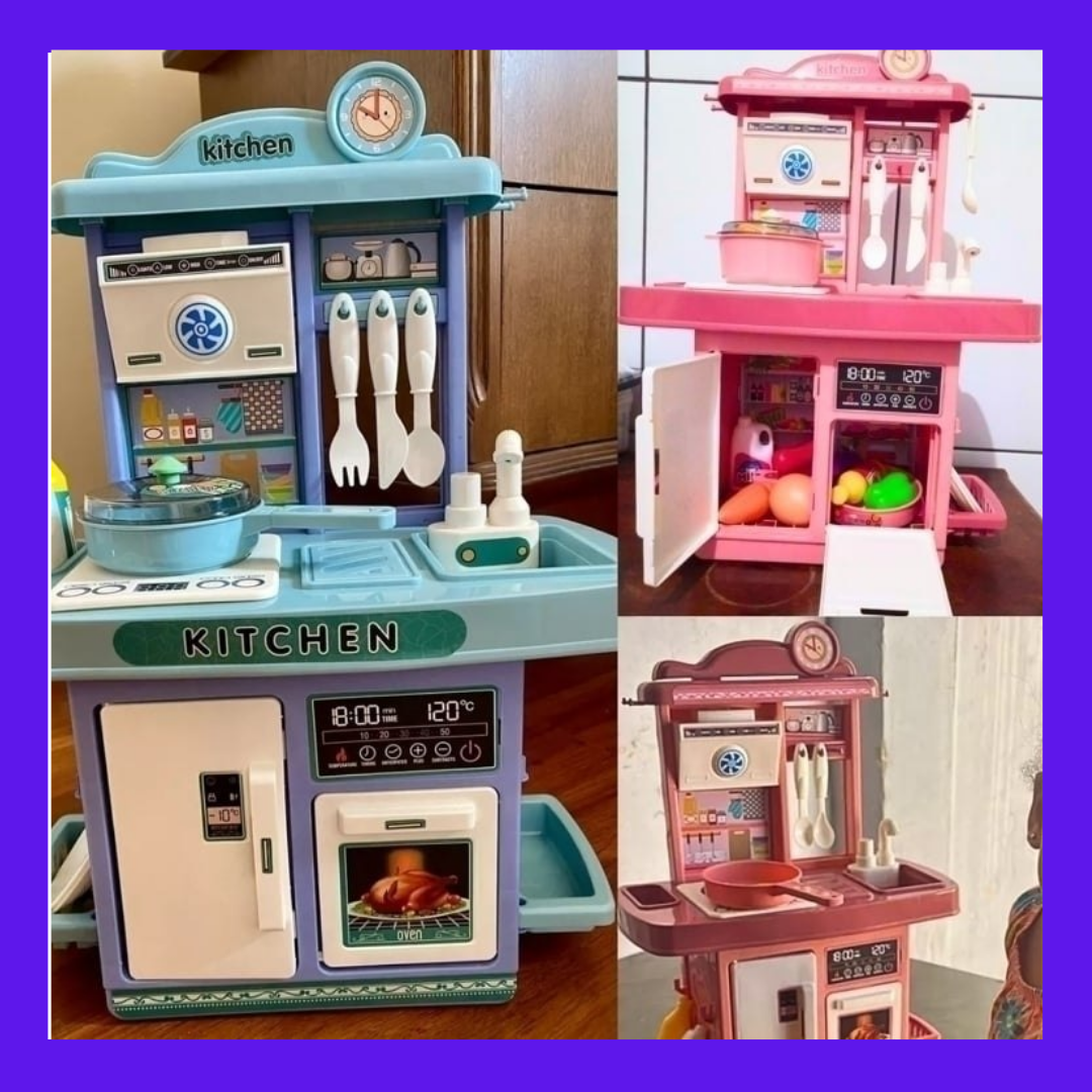 Kit Mini Cozinha de Brinquedo Fogão Geladeira Forno solta Água e som cor Rosa Atentu